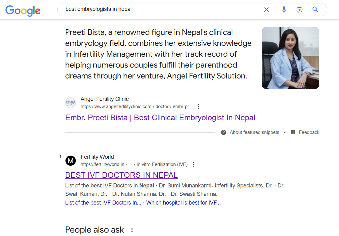 Rich snippet of Angel Fertility Clinic on Google search results, expertly secured by SEO specialist Sudeshna Thapa.